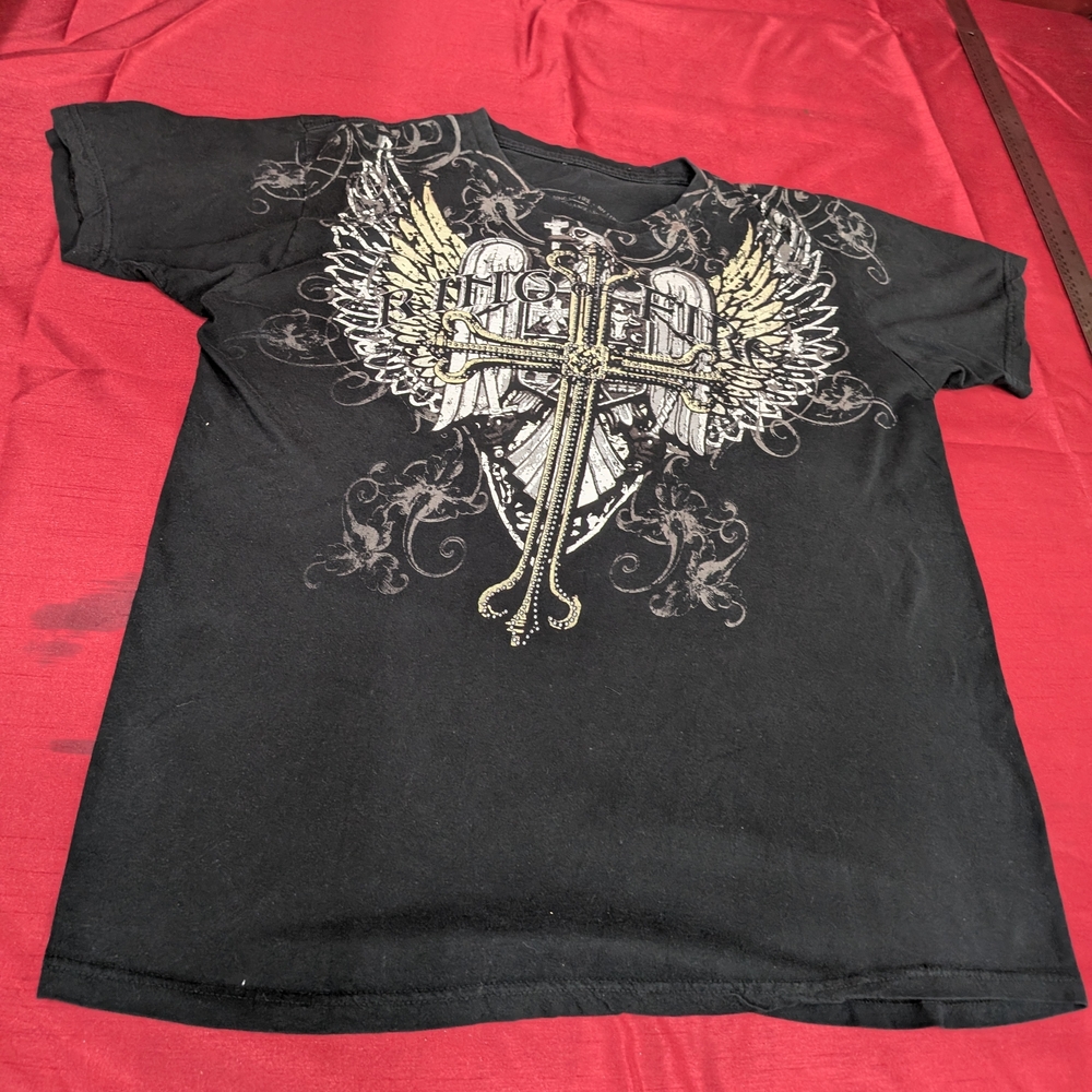 Ring of Fire Black Tee with Winged Shield Design